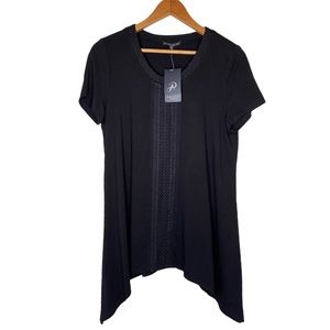 Adrianna Papell Black High Low Short Sleeve Embroidered Top Size Medium